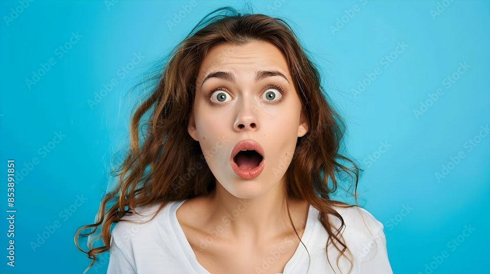 Shocked Woman with Surprised Expression on Blue Background Shocked Woman with Surprised Expression on Blue Background