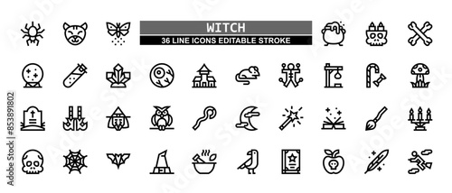 36 Witch Line Icons Set Pack Editable Stroke Vector Illustration.