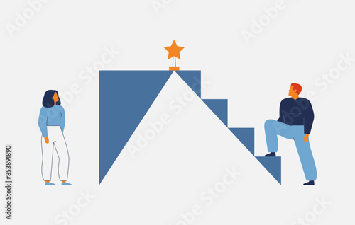 Business inequality, gender gap between men and women with male at advantage. Occupational and personal discrimination. Different career opportunities and obstacles for females.Vector illustration