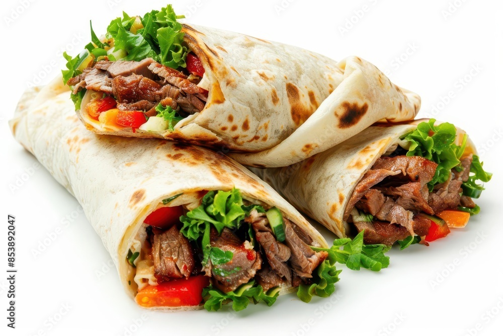 fresh beef shawarma wrap with vegetables isolated on white background middle eastern food fresh beef shawarma wrap with vegetables isolated on white background middle eastern food