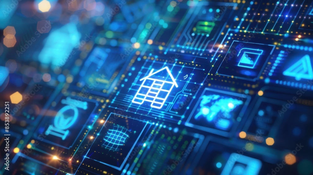 Futuristic digital interface showcasing real estate technology and smart home systems with glowing blue graphics and data connections. Futuristic digital interface showcasing real estate technology and smart home systems with glowing blue graphics and data connections.