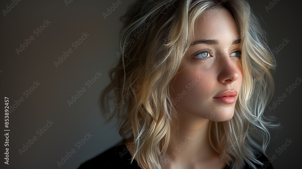 Close-up portrait of a young blonde woman with blue eyes, looking thoughtfully to the side against a dark background.
Close-up portrait of a young blonde woman with blue eyes, looking thoughtfully to the side against a dark background.