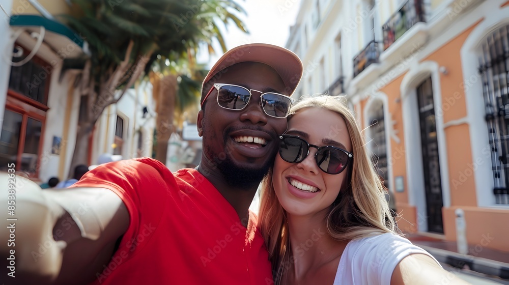 Smiling Diverse Couple Embracing on City Street Smiling Diverse Couple Embracing on City Street