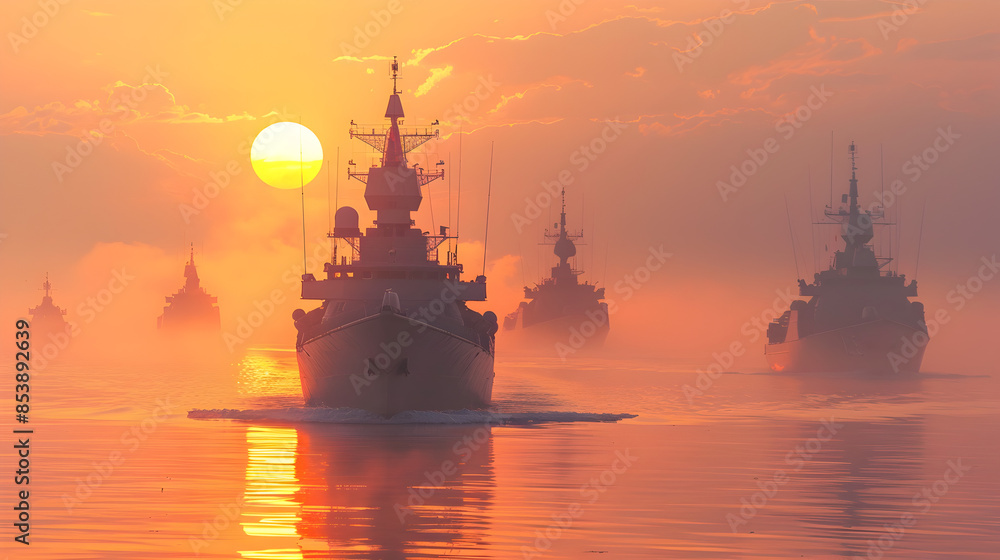 Obraz premium Naval fleet at sunrise, ready for a mission at sea.