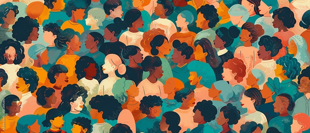 Flat design of diverse crowd with various skin tones and hairstyles, overlapping figures in soft colors, abstract and modern, inclusive and dynamic 8K , high-resolution, ultra HD,up32K HD Flat design of diverse crowd with various skin tones and hairstyles, overlapping figures in soft colors, abstract and modern, inclusive and dynamic 8K , high-resolution, ultra HD,up32K HD