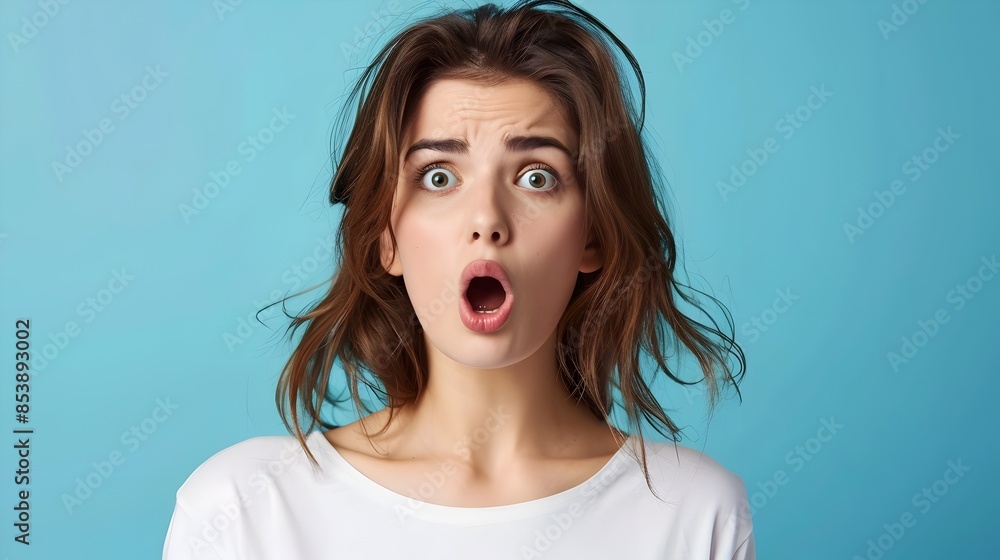 Surprised and Shocked Caucasian Woman Looking at on Blue Background Surprised and Shocked Caucasian Woman Looking at on Blue Background