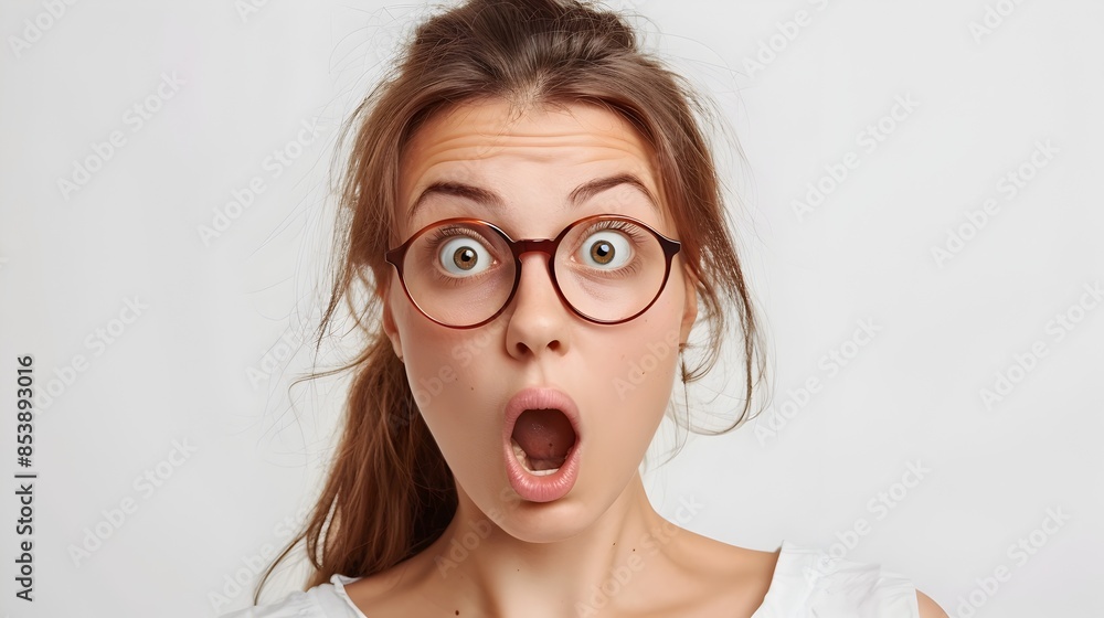 Surprised young woman with round glasses looks shocked at on white background Surprised young woman with round glasses looks shocked at on white background