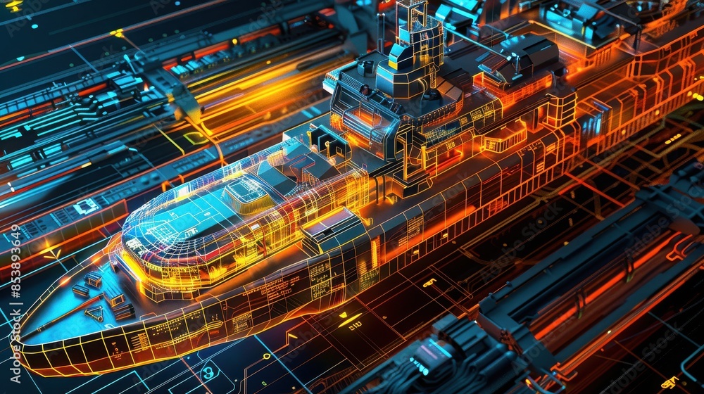 Futuristic digital ship concept in a glowing cyber environment. High-tech innovation and transportation theme. Futuristic digital ship concept in a glowing cyber environment. High-tech innovation and transportation theme.