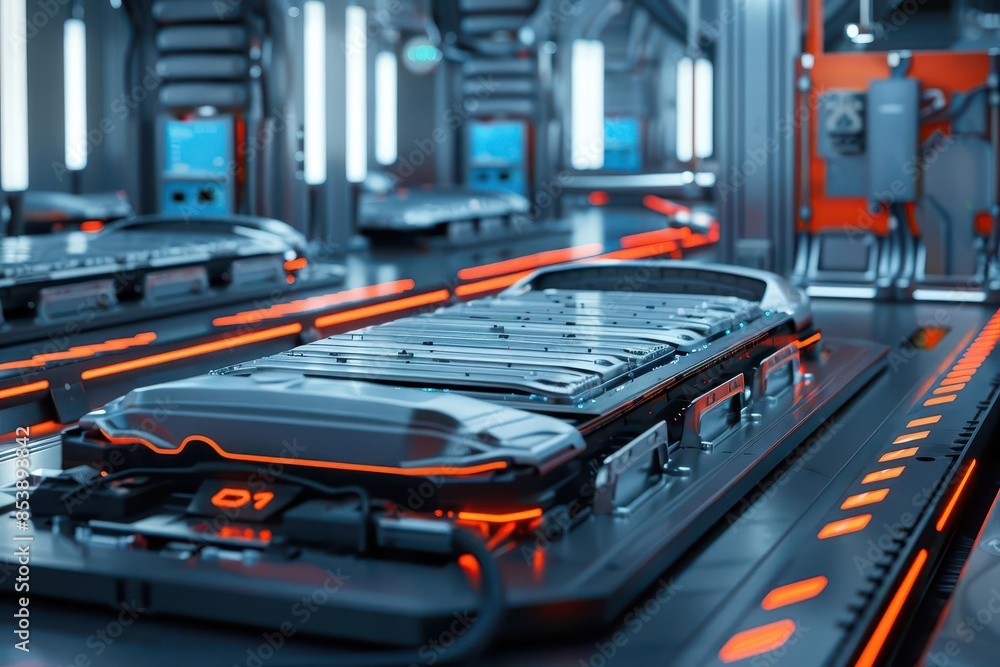 futuristic electric vehicle battery cell assembly line 3d rendering futuristic electric vehicle battery cell assembly line 3d rendering