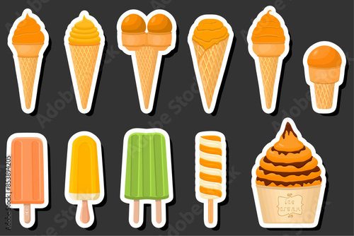 Illustration on theme big kit ice cream popsicle different types in cone waffle cup