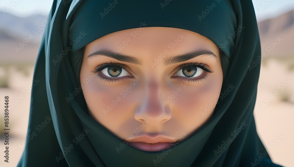 Naklejka premium Arabic afghan arabian woman in traditional black hijab headwear close up portrait