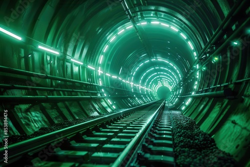 futuristic greenlit railway tunnel leading towards distant illuminated vanishing point concept illustration photo