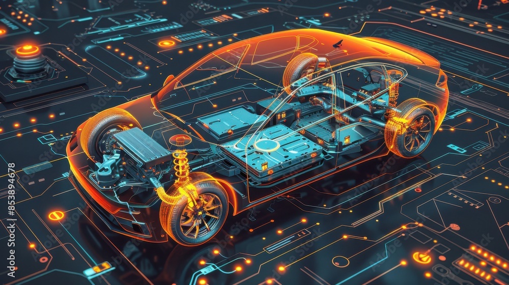 Futuristic electric car concept with transparent body showcasing internal components and digital circuits on a technology background. Futuristic electric car concept with transparent body showcasing internal components and digital circuits on a technology background.