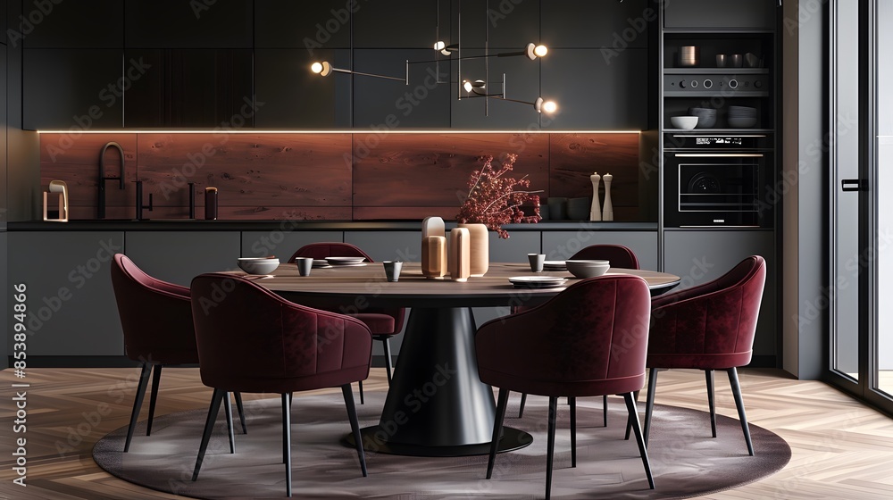 Round dining table with dark wood top and velvet burgundy chairs, sleek black base, centered in the room near the kitchen cabinets, minimalist design style, warm lighting atmosphere. Round dining table with dark wood top and velvet burgundy chairs, sleek black base, centered in the room near the kitchen cabinets, minimalist design style, warm lighting atmosphere.