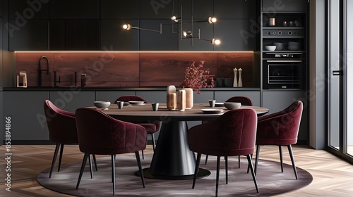 Round dining table with dark wood top and velvet burgundy chairs, sleek black base, centered in the room near the kitchen cabinets, minimalist design style, warm lighting atmosphere. © horizon