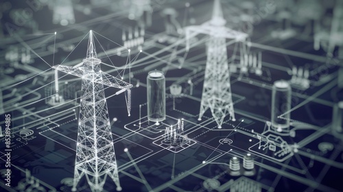 Futuristic electrical grid with energy towers and digital connections, illustrating modern smart grid technology and energy distribution networks.