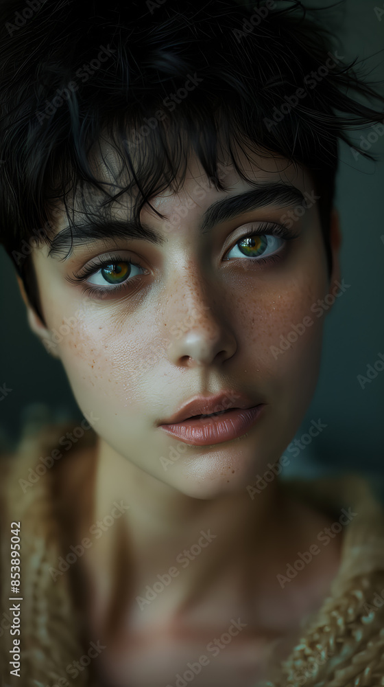 A close-up portrait of a woman with striking green eyes, short dark hair, and freckles, showcasing natural beauty and an intense gaze.
A close-up portrait of a woman with striking green eyes, short dark hair, and freckles, showcasing natural beauty and an intense gaze.