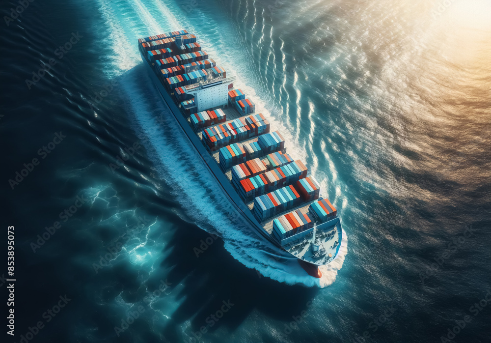 Ein Containerschiff aus der Vogelperspektive zieht Wellen hinter sich her Ein Containerschiff aus der Vogelperspektive zieht Wellen hinter sich her