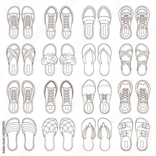 Female and male shoes collection in outline style. Set of casual woman and men footwear shoes, sneakers and boots. Vector illustration isolated on a white background.