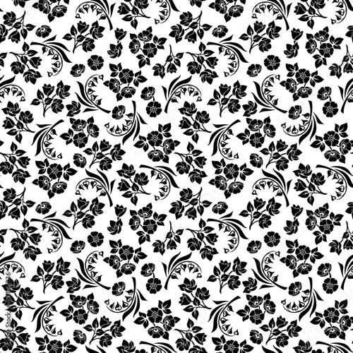 Floral seamless pattern with small flowers and leaves. Vector black and white floral print