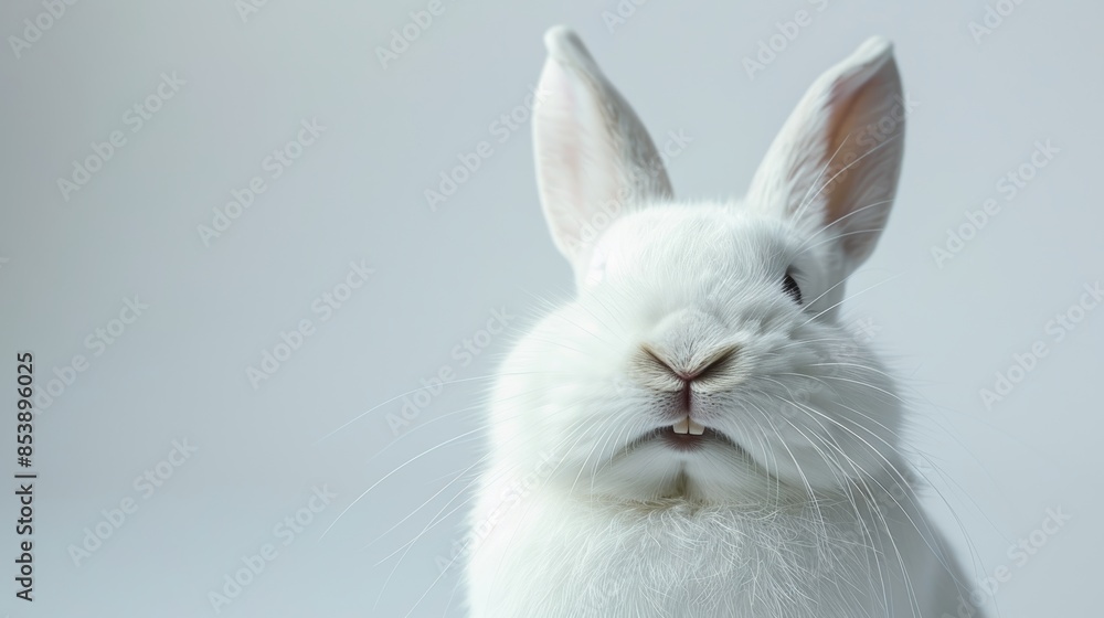 Obraz premium cute animal pet rabbit or bunny white color smiling and laughing isolated with copy space for easter background, rabbit, animal, pet, cute, fur, ear, mammal, background, celebration
