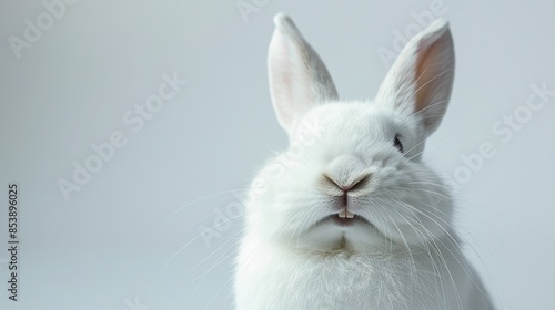 cute animal pet rabbit or bunny white color smiling and laughing isolated with copy space for easter background, rabbit, animal, pet, cute, fur, ear, mammal, background, celebration © pinkrabbit