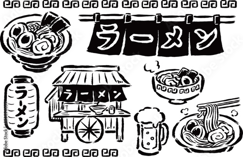 ラーメン屋さん単色線画セット　ラーメン・暖簾・提灯・屋台・ビール　筆タッチ手描きイラスト