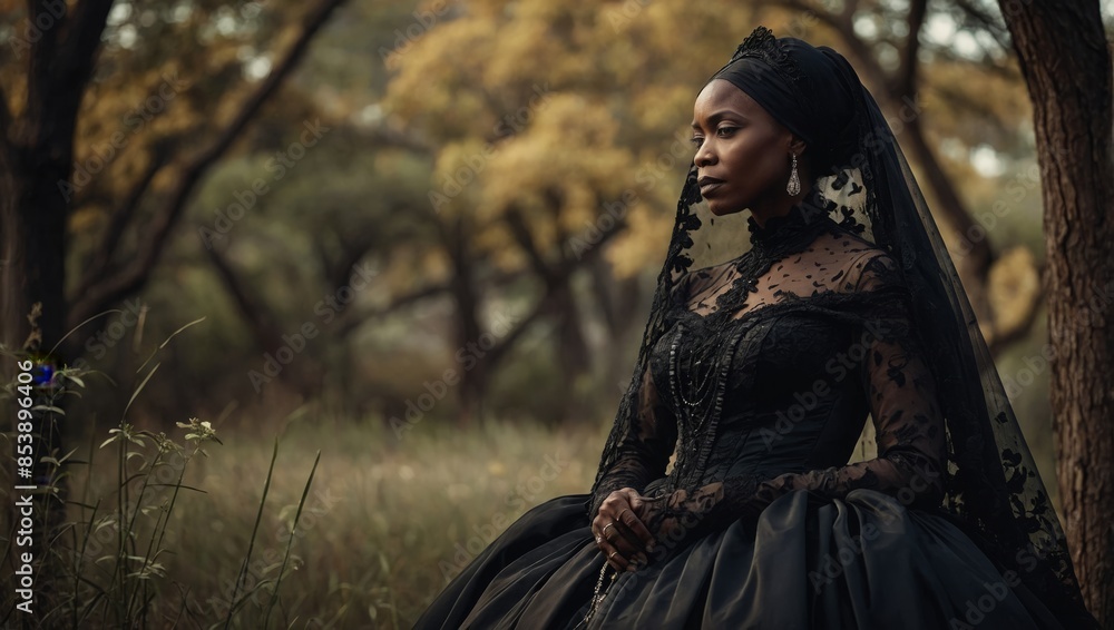Naklejka premium Victorian widow, African American woman in black dress