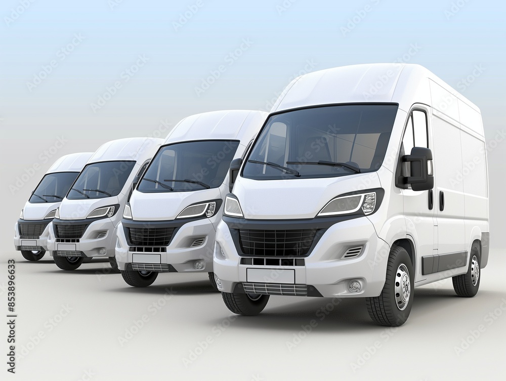 Delivery vans are parked in rows. Commercial Shipping service company, delivery of vans in a row Delivery vans are parked in rows. Commercial Shipping service company, delivery of vans in a row