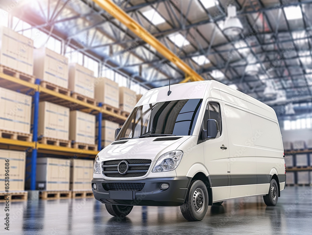 Delivery van are parked in large distribution warehouse. Commercial Shipping service company Delivery van are parked in large distribution warehouse. Commercial Shipping service company