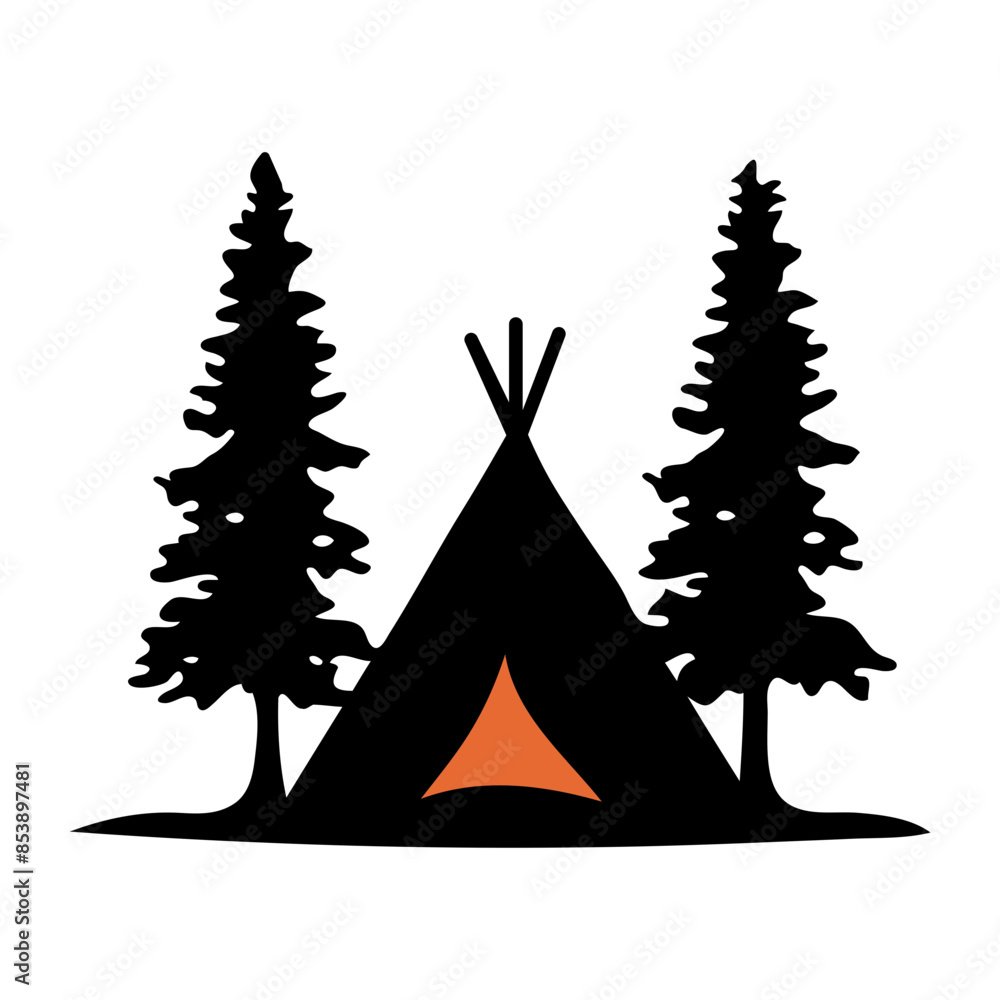 A silhouette of a camping tent between two pine trees against a white background A silhouette of a camping tent between two pine trees against a white background