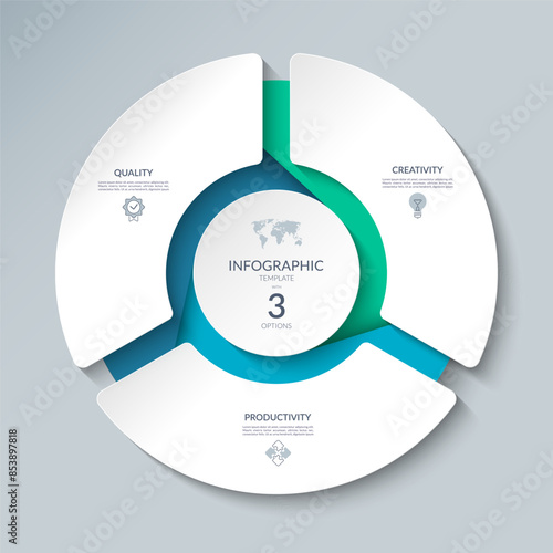 Infographic circular diagram with 3 options. Round chart that can be used for business analytics, data visualization and presentation. Vector illustration.
