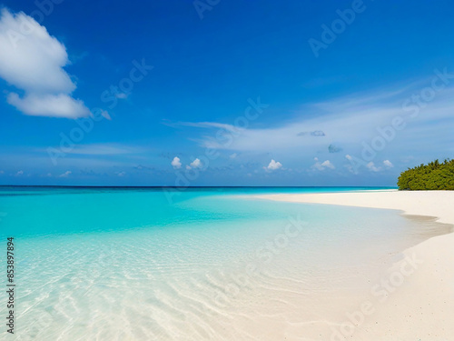 Beautiful sandy beach with rolling calm waves of white sand and turquoise ocean on sunny day against background of white clouds in blue sky. Maldives island