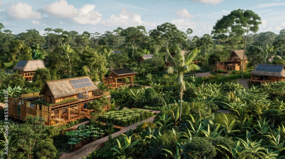 A tech enhanced village in the Amazon, with solar powered homes and smart farming, photorealistic, sustainable and innovative. --ar 16:9 --style raw Job ID: 2f51833a-5f7e-4a3a-9a65-6fc6de072b57 A tech enhanced village in the Amazon, with solar powered homes and smart farming, photorealistic, sustainable and innovative. --ar 16:9 --style raw Job ID: 2f51833a-5f7e-4a3a-9a65-6fc6de072b57