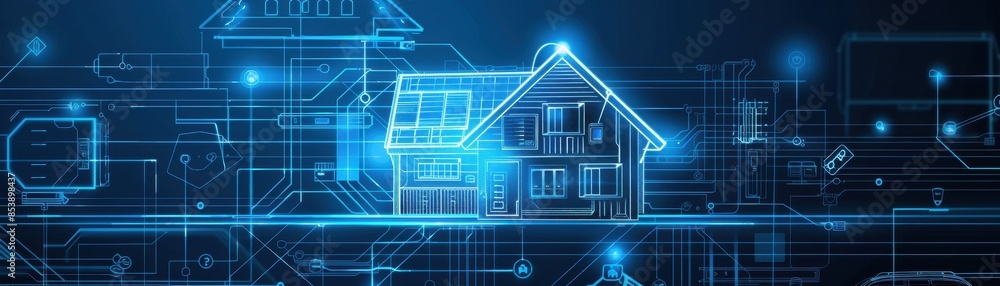 Futuristic smart home technology concept with digital blueprint of a house and interconnected devices on a blue background. Futuristic smart home technology concept with digital blueprint of a house and interconnected devices on a blue background.