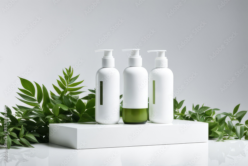 Cosmetic set on white podium with green leaves. Skin care bottles with cosmetic product showcase, unbranded design Cosmetic set on white podium with green leaves. Skin care bottles with cosmetic product showcase, unbranded design