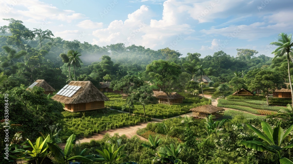 A tech enhanced village in the Amazon, with solar powered homes and smart farming, photorealistic, sustainable and innovative. --ar 16:9 --style raw Job ID: 9f862dda-c417-4d99-b36a-9785b9f61176 A tech enhanced village in the Amazon, with solar powered homes and smart farming, photorealistic, sustainable and innovative. --ar 16:9 --style raw Job ID: 9f862dda-c417-4d99-b36a-9785b9f61176