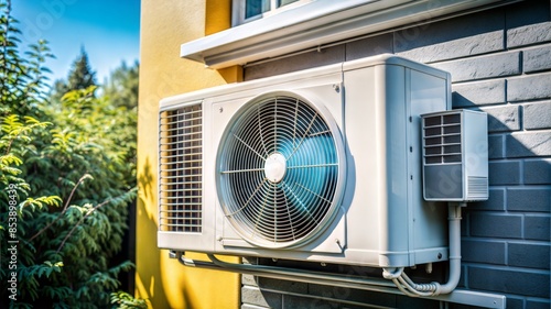 An outdoor air conditioning unit installed on the side of a residential building, surrounded by greenery. Ideal for home improvement articles, HVAC advertisements, and energy efficiency promotions. photo