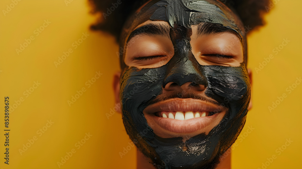 Smiling man wearing a mud clay face mask, showcasing male skincare pampering regimen against a vibrant yellow background with copy space. Smiling man wearing a mud clay face mask, showcasing male skincare pampering regimen against a vibrant yellow background with copy space.