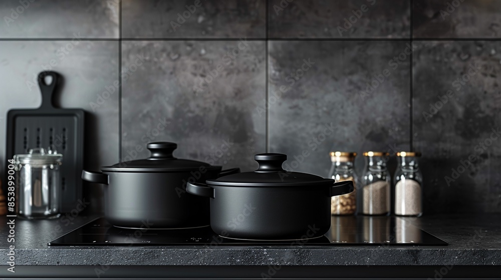 Sleek black pots on a stovetop with a frying pan and glass jars against a dark wall, minimalist and detailed, modern kitchen setup, monochrome design 8K , high-resolution, ultra HD,up32K HD Sleek black pots on a stovetop with a frying pan and glass jars against a dark wall, minimalist and detailed, modern kitchen setup, monochrome design 8K , high-resolution, ultra HD,up32K HD