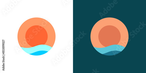 Sun sea circle flat icon. Wave beach coast logo vector