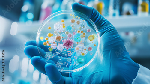 Scientist holds a culture dish of bacteria or virus for analysis in a biology laboratory during a disease treatment research experiment.