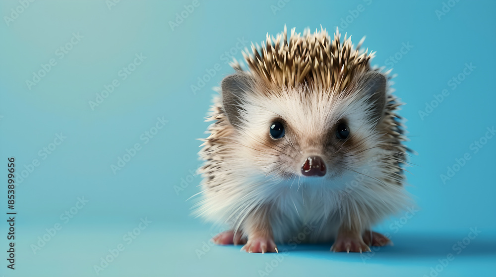 Obraz premium A cute little hedgehog is standing on a blue background, looking at the camera with a curious expression and with copy space.