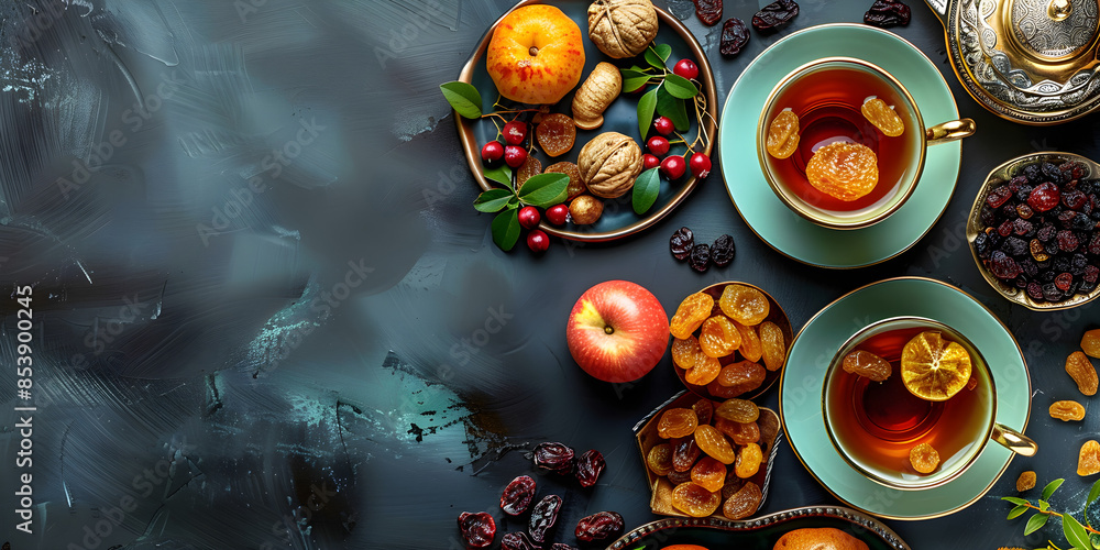 Cup of tea with dried fruits and nuts on a table with Ramadan Kareem decorations. Flat lay, top view. Suitable for iftar breaking fast concept with copy space. Cup of tea with dried fruits and nuts on a table with Ramadan Kareem decorations. Flat lay, top view. Suitable for iftar breaking fast concept with copy space.