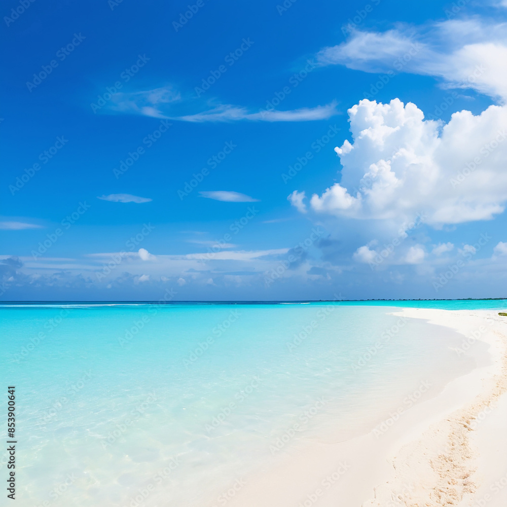 Beautiful sandy beach with rolling calm waves of white sand and turquoise ocean on sunny day against background of white clouds in blue sky. Maldives island Beautiful sandy beach with rolling calm waves of white sand and turquoise ocean on sunny day against background of white clouds in blue sky. Maldives island