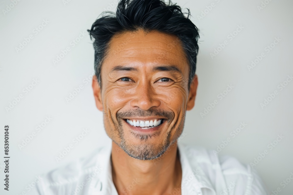 Portrait of a grinning asian man in his 30s smiling at the camera isolated in white background Portrait of a grinning asian man in his 30s smiling at the camera isolated in white background