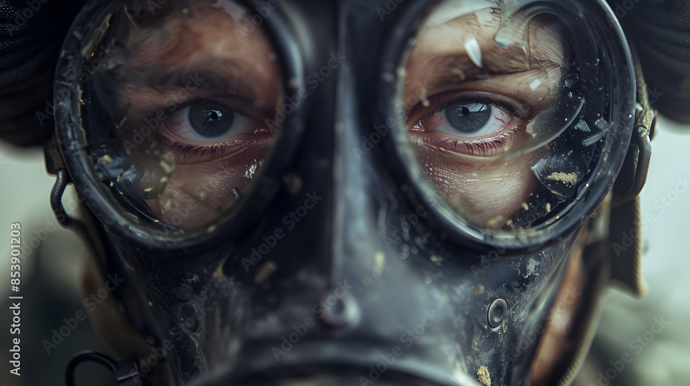Close-up of a soldier's eyes through a gas mask, symbolizing endurance.
Close-up of a soldier's eyes through a gas mask, symbolizing endurance.