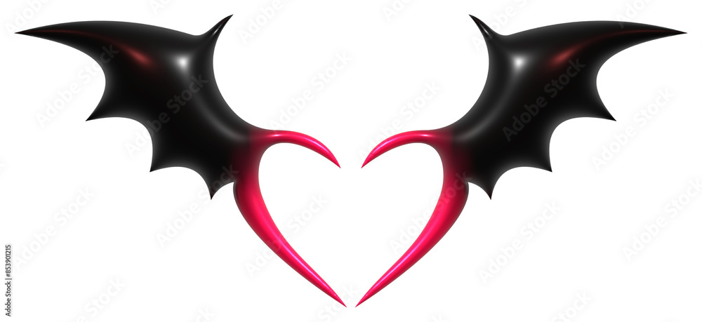 3D Y2k print heart with bat wings. Illustration in red and black colors.