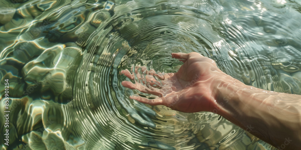 Fototapeta premium Hand in crystal clear water. Representing reflection, where mirrored surfaces reveal deeper truths, inviting introspection and unveiling the reflective beauty found within the tranquil depths of water