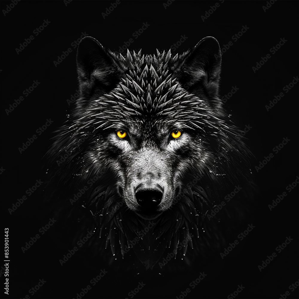 A black and white a mysterious and aethetic wolf with yellow eyes. Black background. A black and white a mysterious and aethetic wolf with yellow eyes. Black background.
